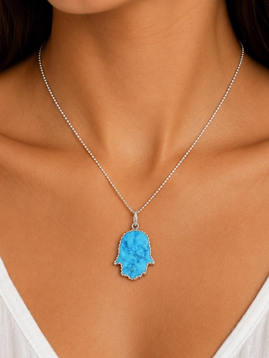 FNUE Jewelry Jewelry - NEW - Handmade NYC Sterling Silver Turquoise Hamsa Hand Necklace 20" Chain